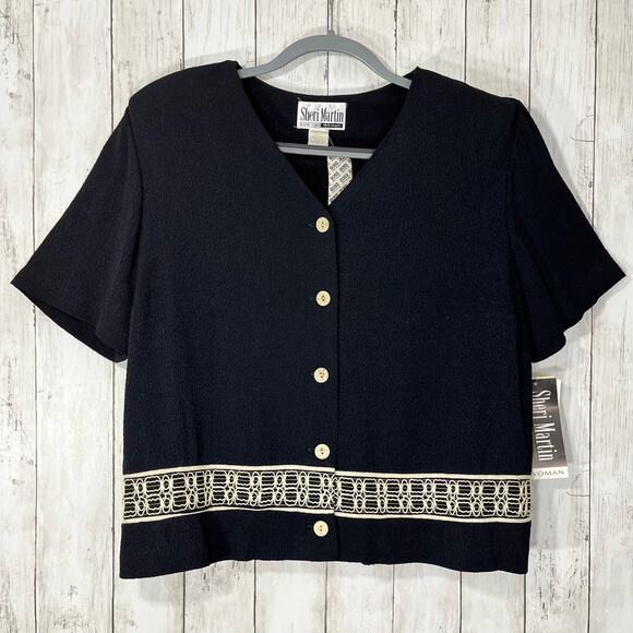 Vintage Sheri Martin Short Sleeve V Neck Shoulder Pads Shirt Blouse 14 - Picture 1 of 10